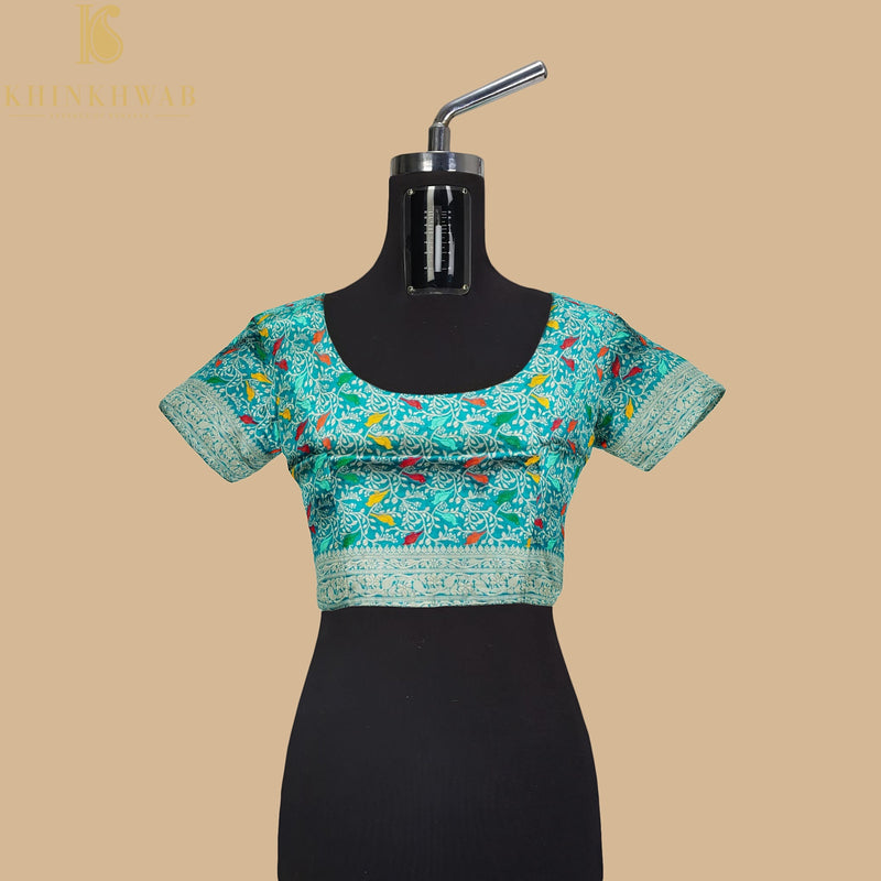 Preorder : Viking Blue Handwoven Pure Katan Silk Banarasi Shikargah Fabric - Khinkhwab