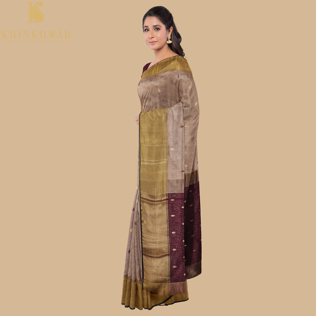 Sandrift Brown Handwoven Pure Cotton Silk Maheshwari Saree - Khinkhwab