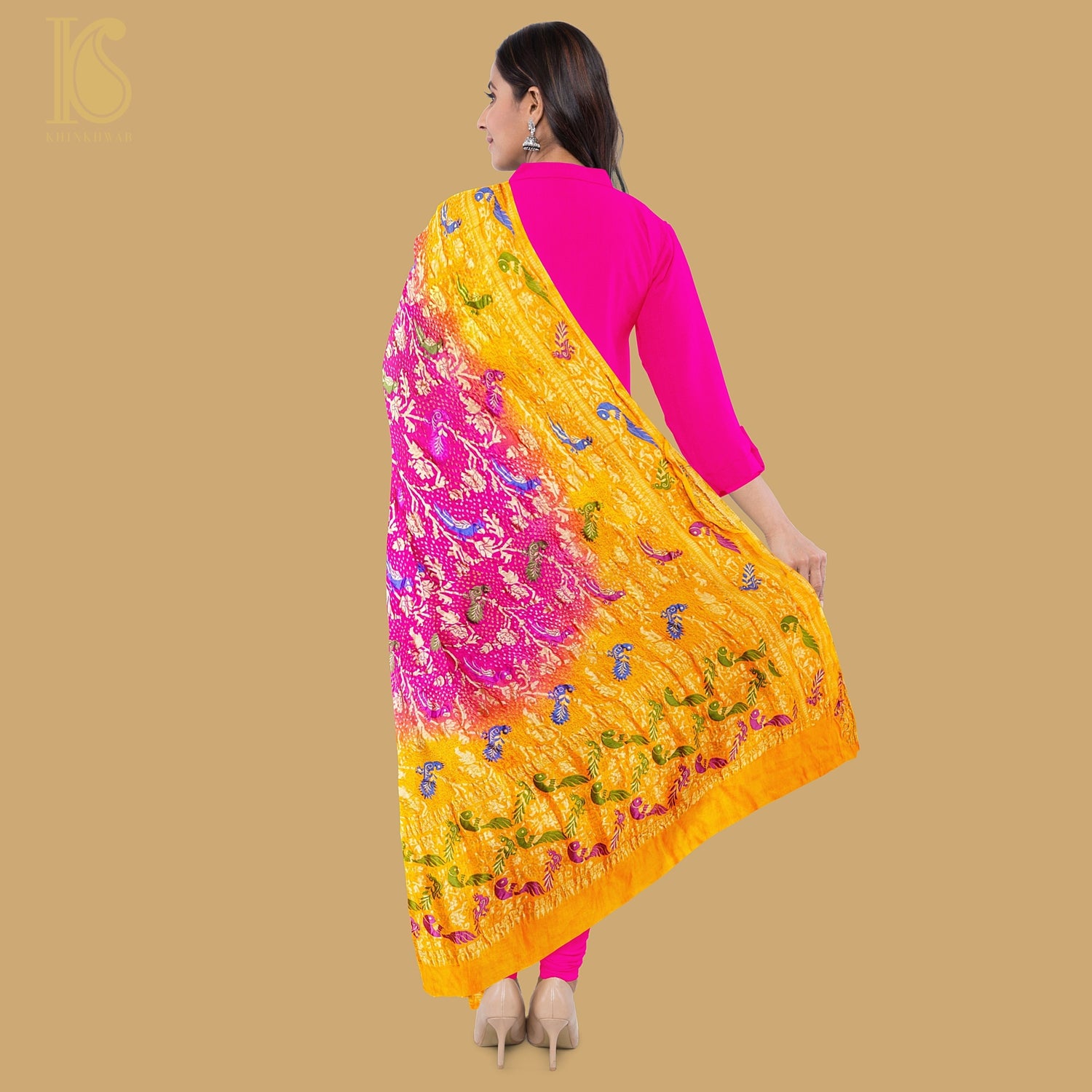 Yellow &amp; Pink Georgette Bandhani Handloom Banarasi Shikargah Dupatta - Khinkhwab