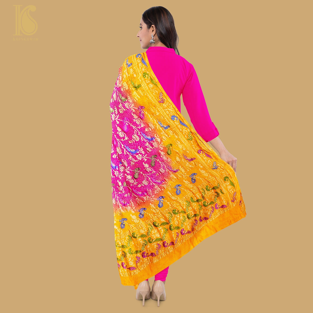 Yellow & Pink Georgette Bandhani Handloom Banarasi Shikargah Dupatta - Khinkhwab