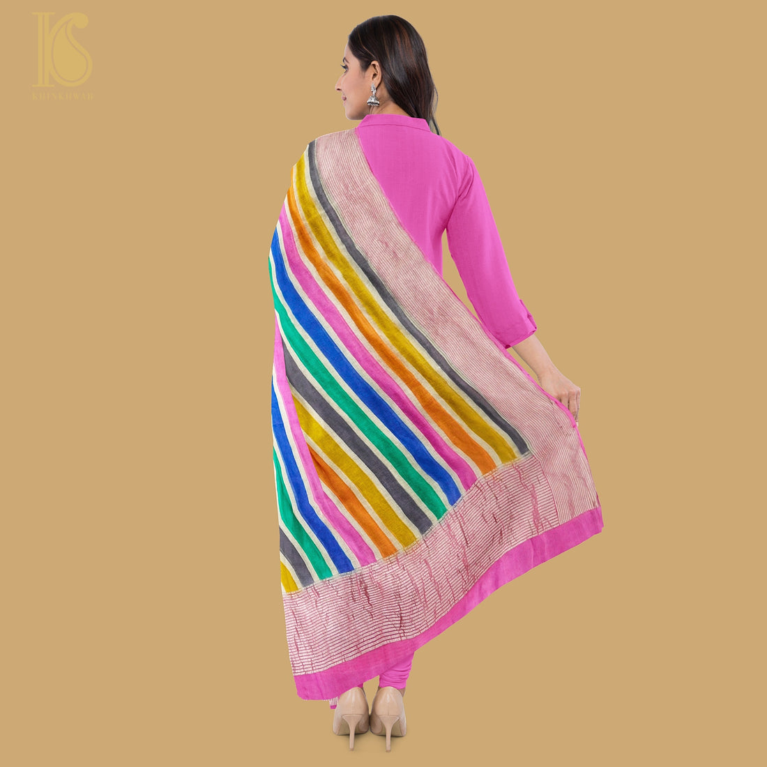 Multicolor Pure Georgette Handloom Banarasi Stripes Dupatta - Khinkhwab