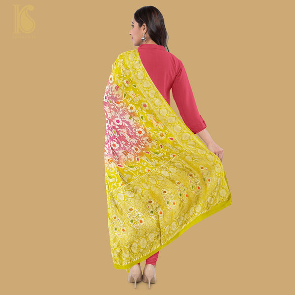Bird Flower Yellow & Pink Handloom Banarasi Bandhani Georgette Shikargah Dupatta - Khinkhwab