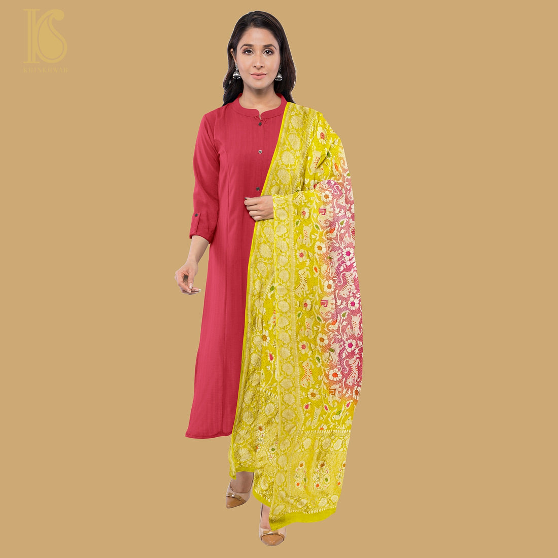 Bird Flower Yellow &amp; Pink Handloom Banarasi Bandhani Georgette Shikargah Dupatta - Khinkhwab