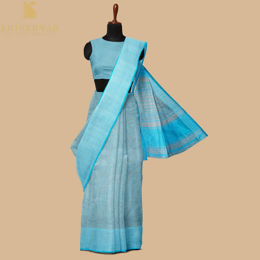 Echo Blue Handwoven Pure Cotton Silk Maheshwari Saree - Khinkhwab