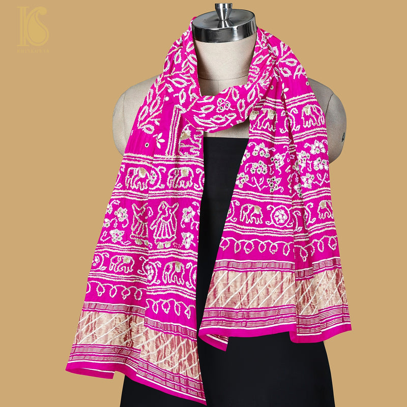 Hollywood Cerise Pink Gajji Silk Bandhani Gotta Patti & Mirror Work Dupatta - Khinkhwab