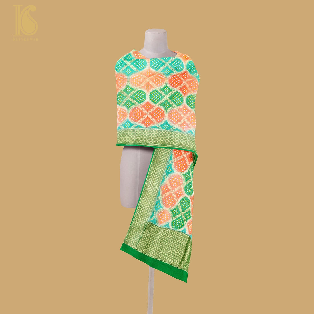 Green &amp; Peach Pure Georgette Banarasi Dupatta with Woven Dots - Khinkhwab