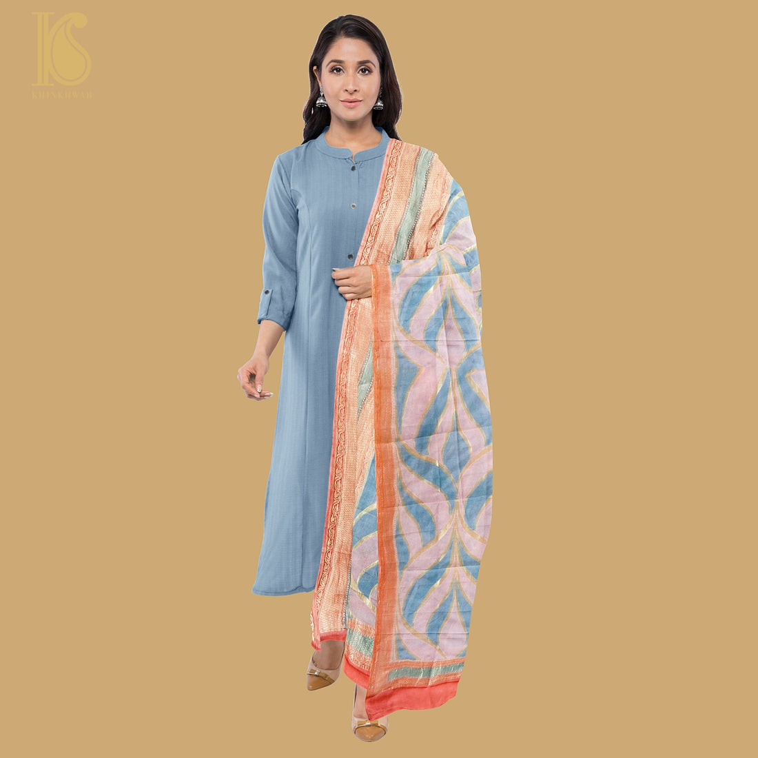 Shilo Pink &amp; Blue Georgette Handloom Banarasi Dupatta - Khinkhwab