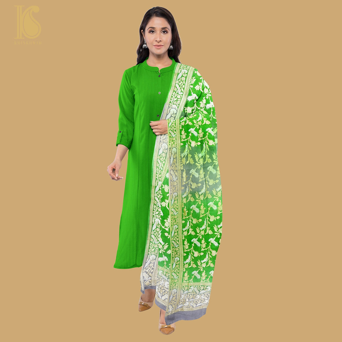 Green & Grey Pure Georgette Banarasi Meenakari Birds Dupatta - Khinkhwab