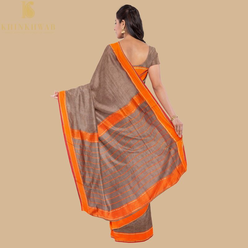 Hemp Brown Handwoven Pure Cotton Silk Maheshwari Saree - Khinkhwab