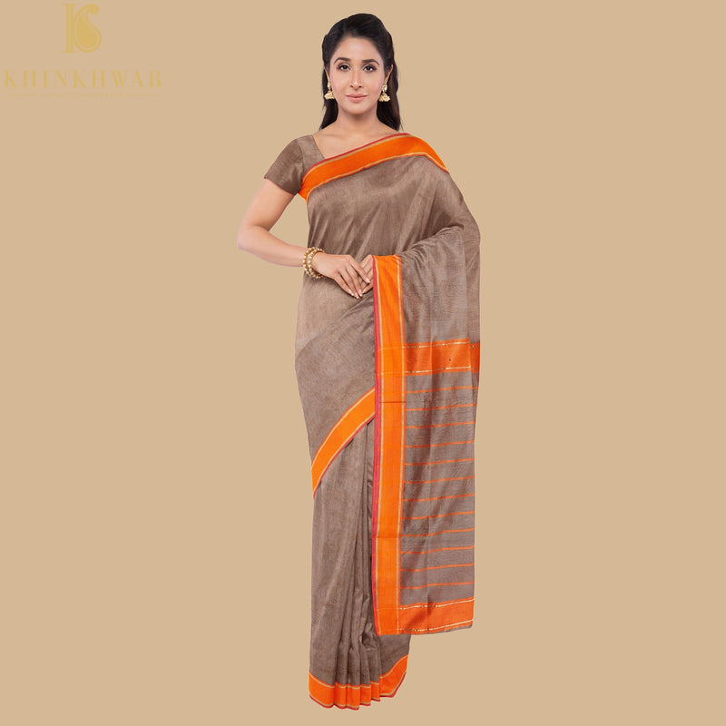 Hemp Brown Handwoven Pure Cotton Silk Maheshwari Saree - Khinkhwab