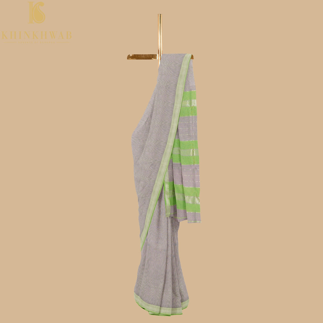 Beige &amp; Green Handwoven Pure Cotton Silk Maheshwari Saree - Khinkhwab