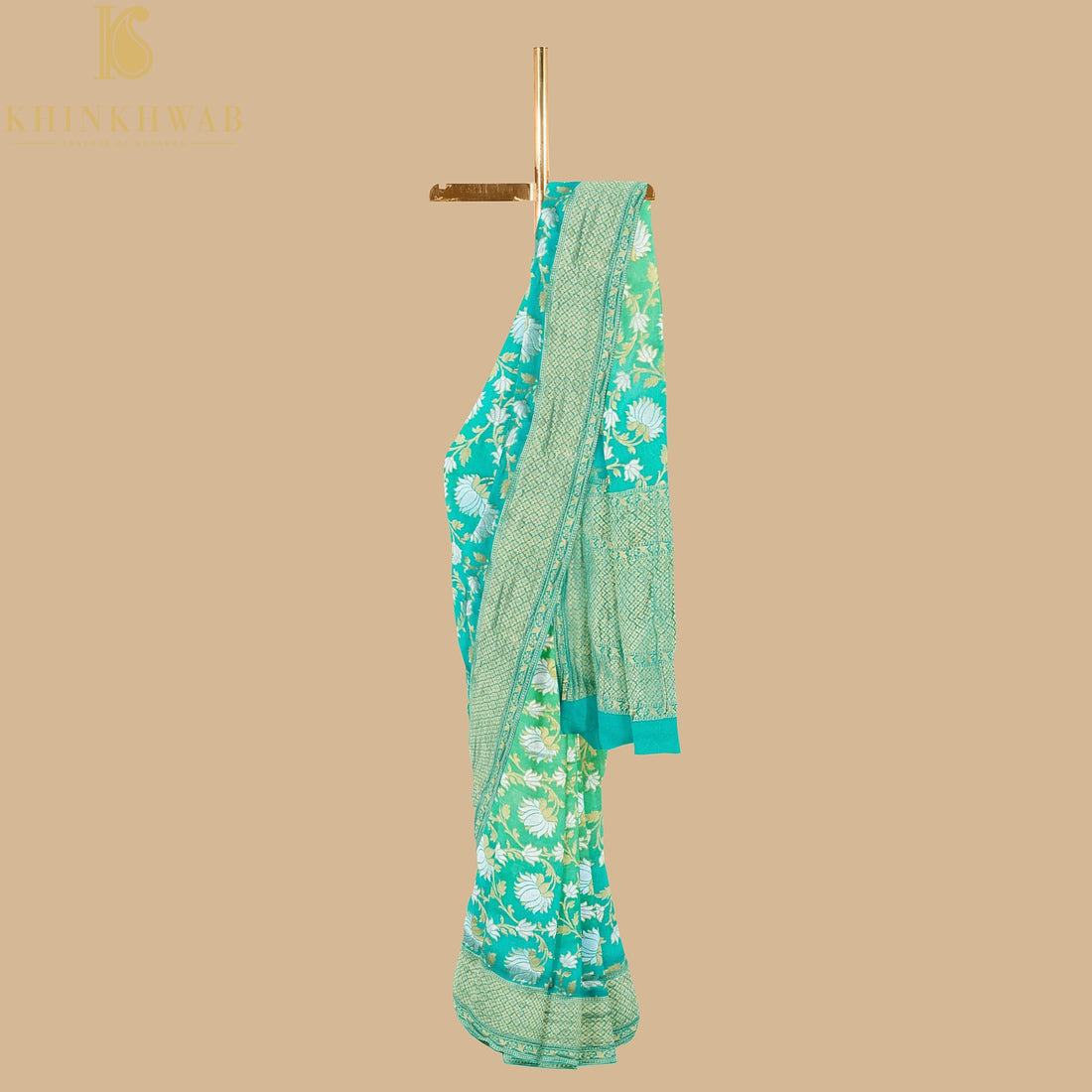 Preorder: Persian Green Pure Georgette Banarasi Jaal Lotus Saree - Khinkhwab