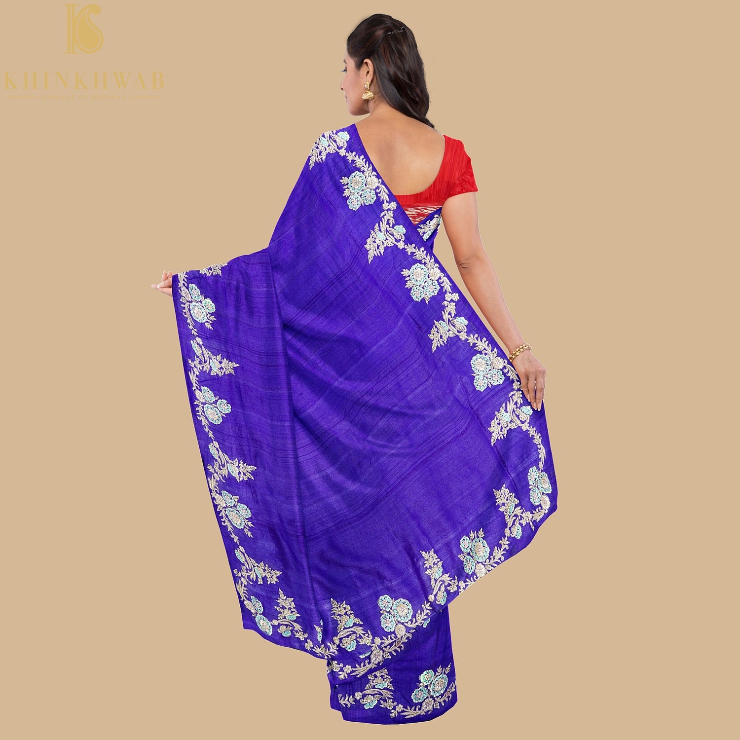 Blue Handloom Pure Tussar Silk Resham Embroidery Saree - Khinkhwab