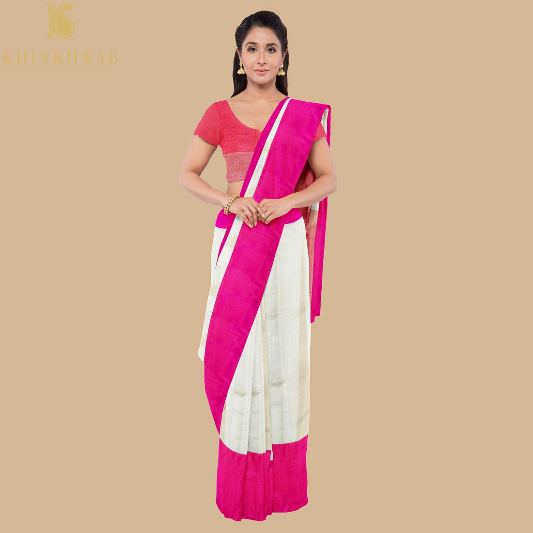 White & Pink Pure Cotton Stripes Handloom Banarasi Silk Border Saree - Khinkhwab