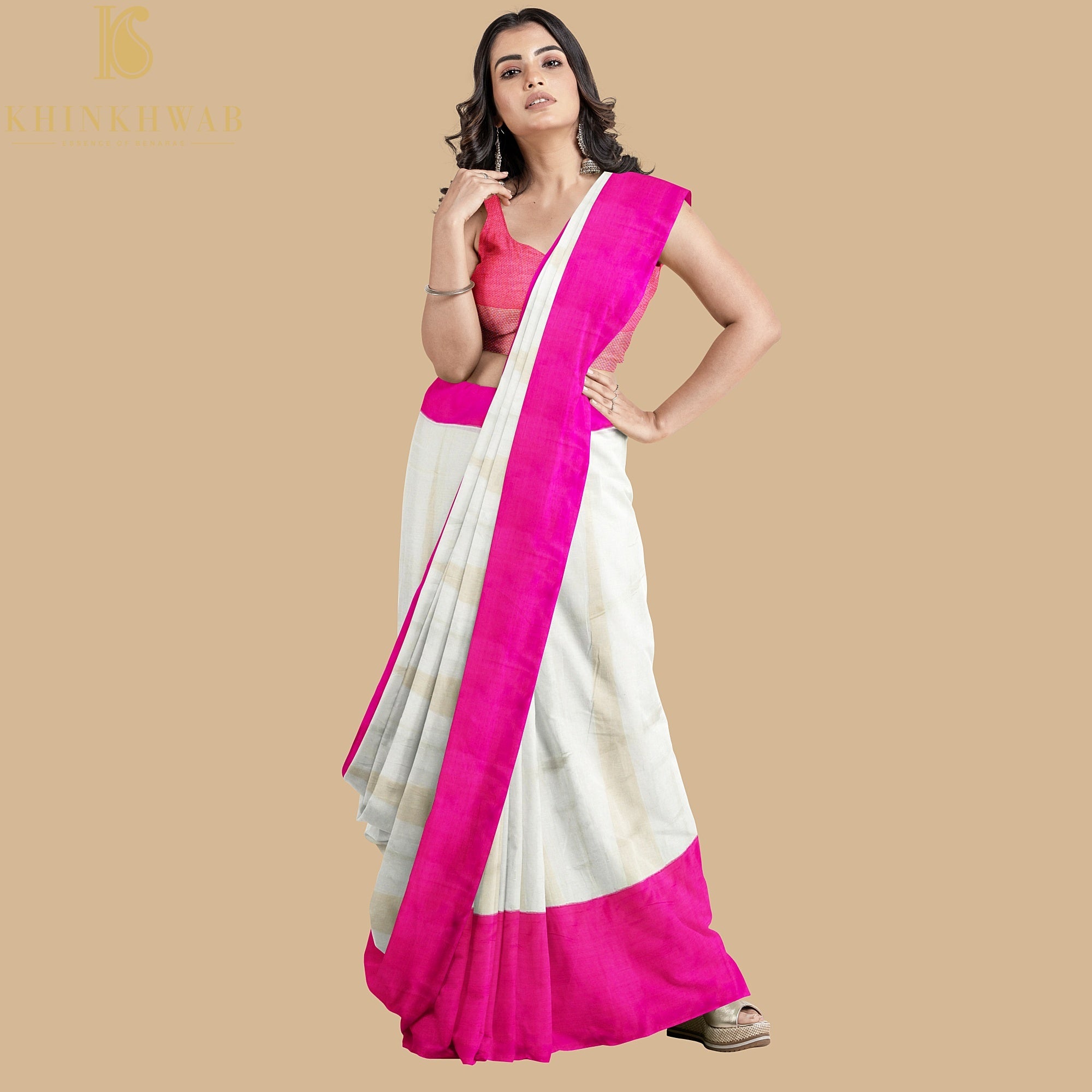 White &amp; Pink Pure Cotton Stripes Handloom Banarasi Silk Border Saree - Khinkhwab