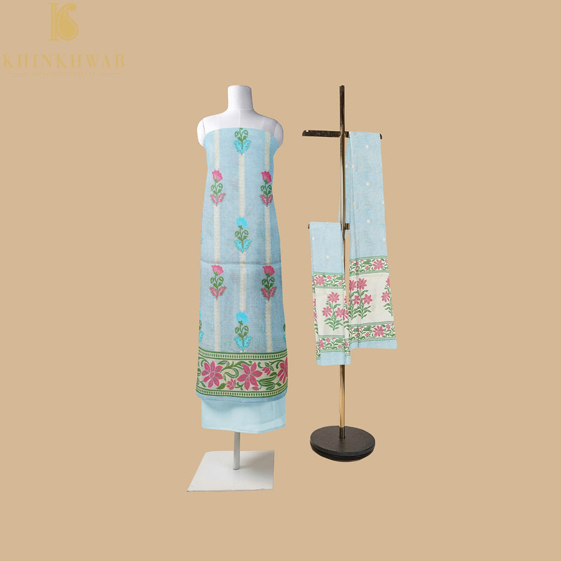 Heather Blue Cotton Silk Meenakari Banarasi Suit Set - Khinkhwab