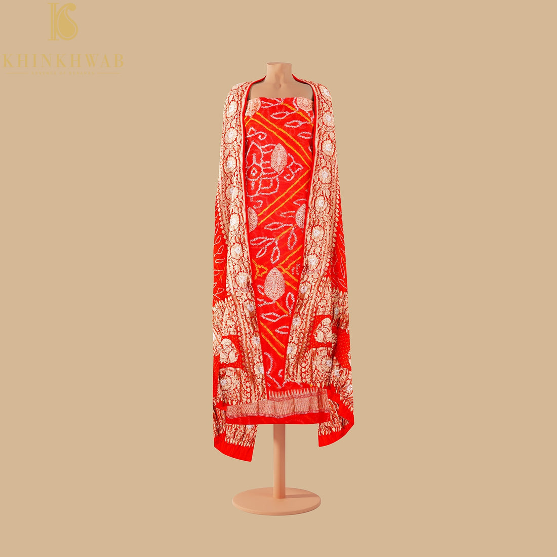 Red Georgette Handloom Banarasi Bandhani Suit Fabric - Khinkhwab