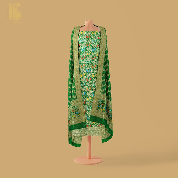 Spring Green Handloom Pure Katan Silk Pink Banarasi  Suit & Dupatta Set - Khinkhwab