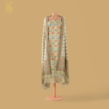 Beige Handloom Pure Katan Silk Pink Banarasi Suit &amp; Dupatta Set - Khinkhwab