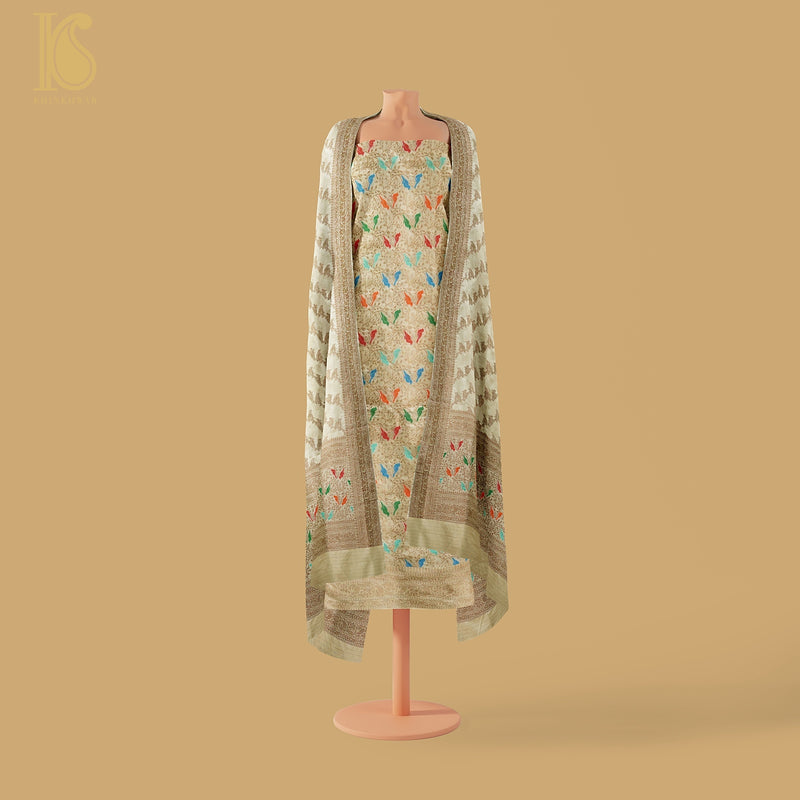 Beige Handloom Pure Katan Silk Pink Banarasi Suit & Dupatta Set - Khinkhwab