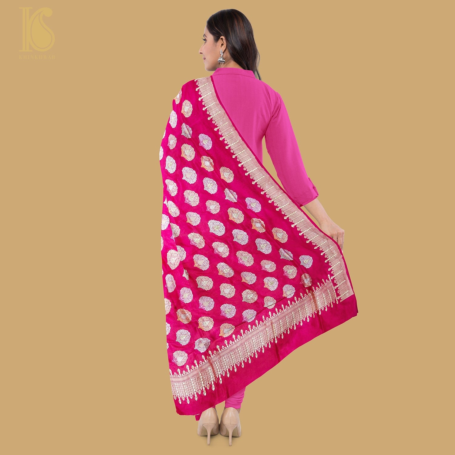 Razzmatazz Pink Handwoven Pure Katan Silk Mor Boota Banarasi Kadwa Embroidery Dupatta - Khinkhwab