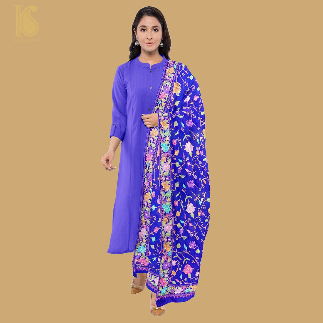 Blue Pure Georgette Aari Work Kashmiri Dupatta - Khinkhwab