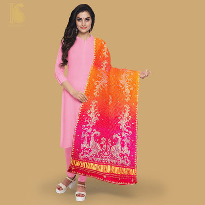 Orange &amp; Pink Pure Gajji Silk Bandhani Gotta Patti Dupatta - Khinkhwab