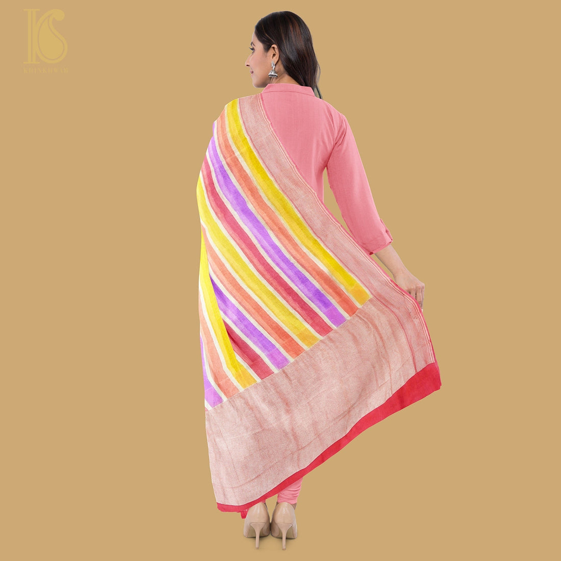 Brick Red Pure Georgette Handloom Banarasi Stripes Dupatta - Khinkhwab