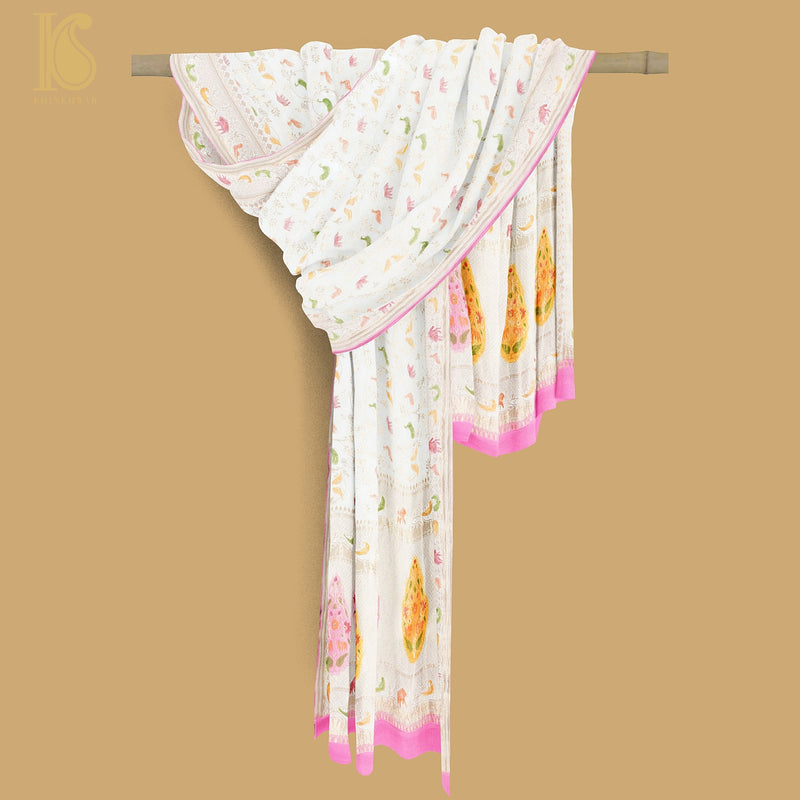 White & Pink Georgette Shikargah Banarasi Hand Brush Dupatta - Khinkhwab
