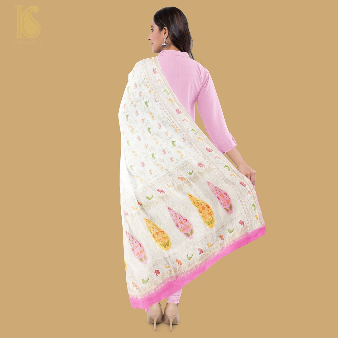 White & Pink Georgette Shikargah Banarasi Hand Brush Dupatta - Khinkhwab
