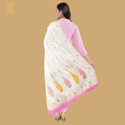 White & Pink Georgette Shikargah Banarasi Hand Brush Dupatta - Khinkhwab
