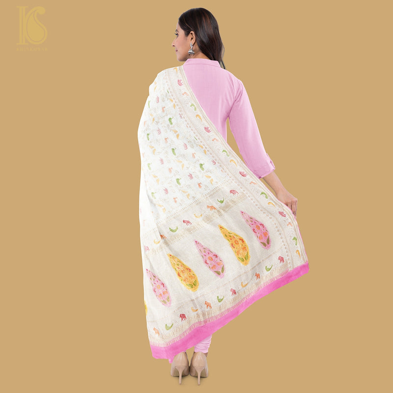 White & Pink Georgette Shikargah Banarasi Hand Brush Dupatta - Khinkhwab