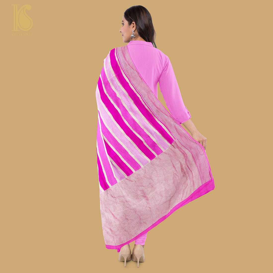 Pink Pure Georgette Handloom Banarasi Stripes Dupatta - Khinkhwab