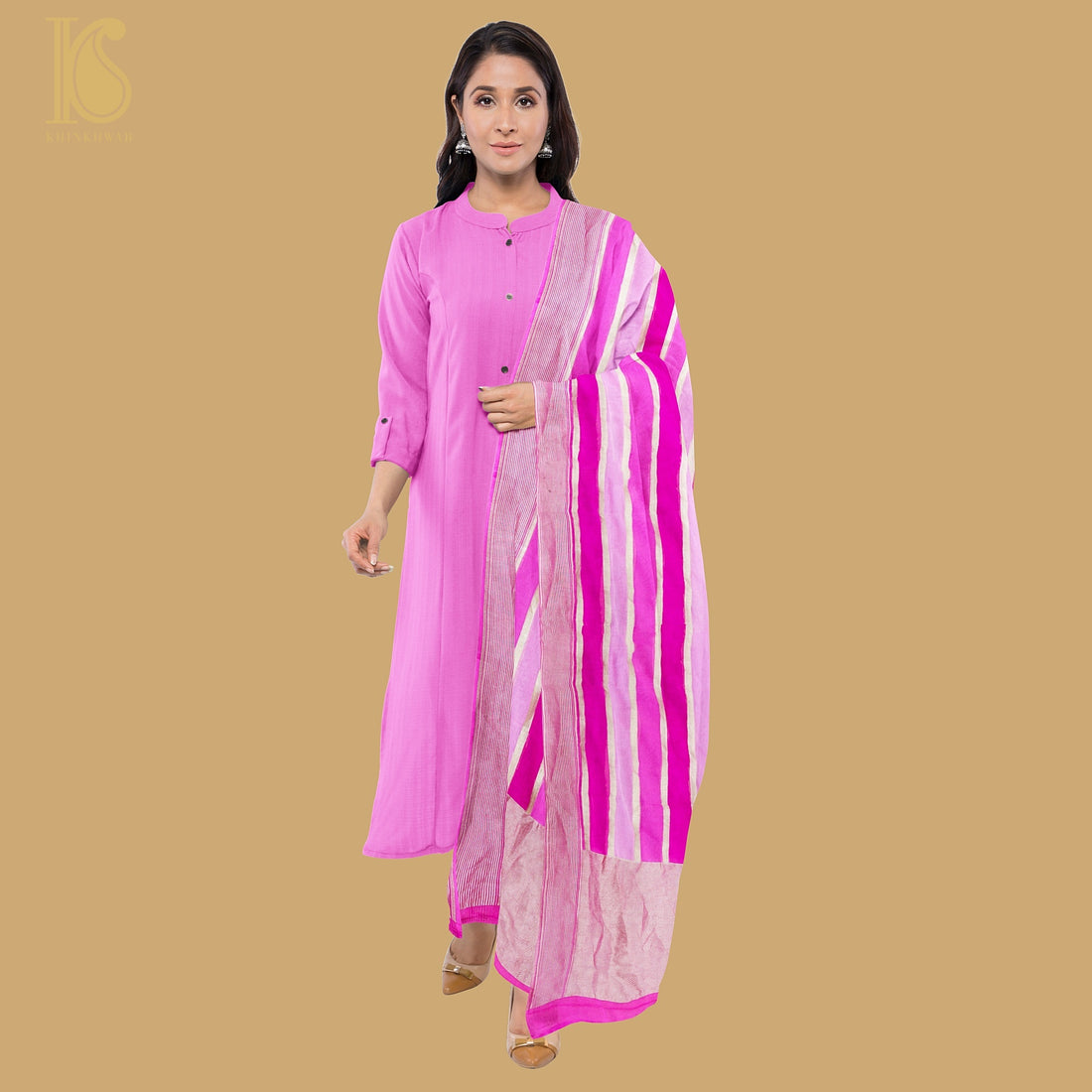 Pink Pure Georgette Handloom Banarasi Stripes Dupatta - Khinkhwab