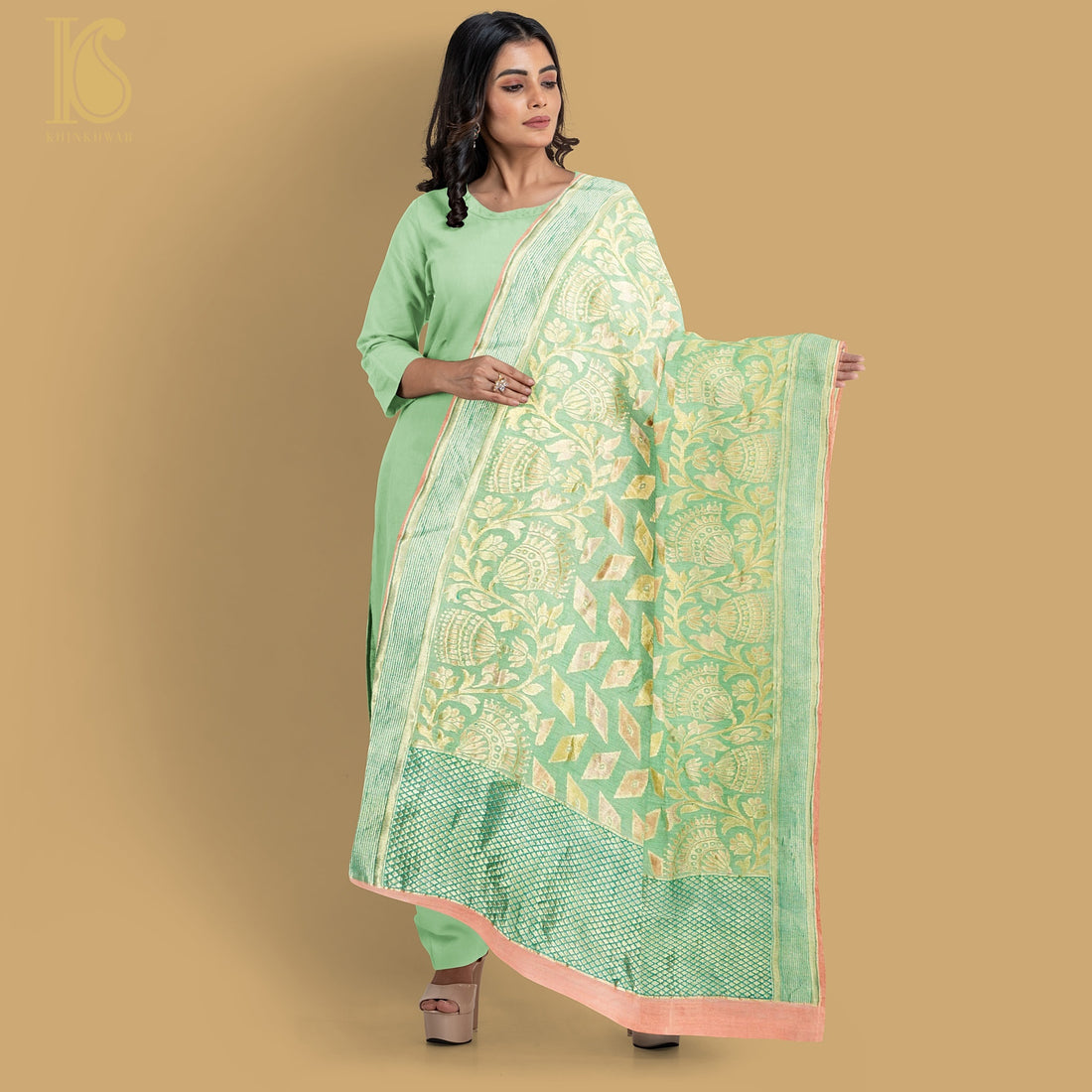 Green Pure Moonga Silk Handloom Banarasi Dupatta - Khinkhwab