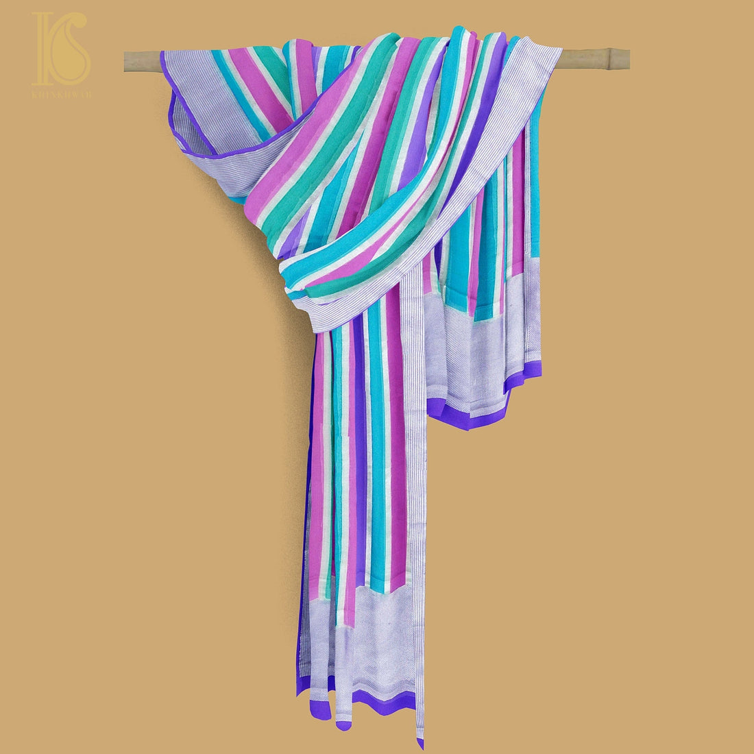 Multicolor Pure Georgette Handloom Banarasi Stripes Dupatta - Khinkhwab