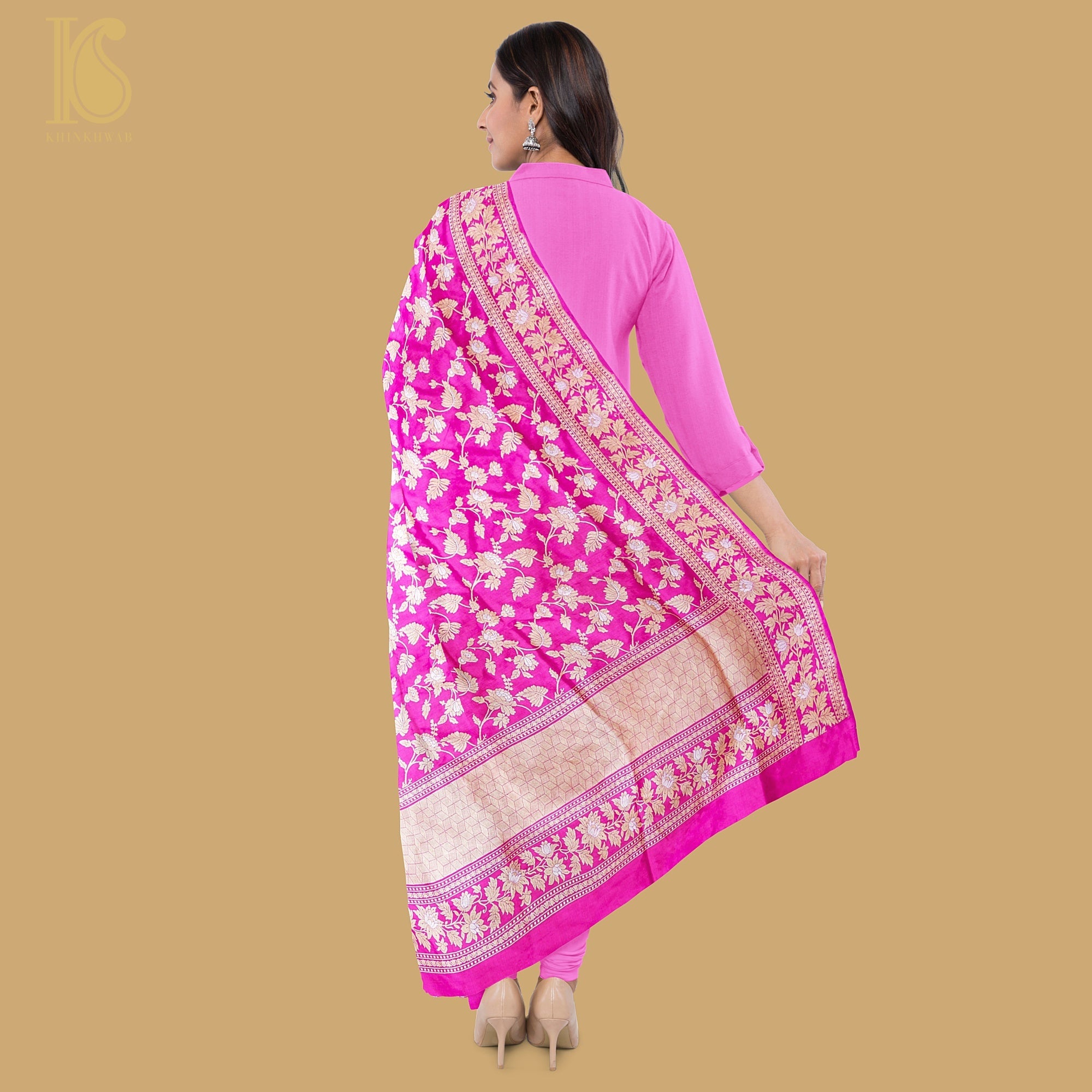 Magenta Pure Katan Silk Handloom Kadwa Jaal Banarasi Dupatta - Khinkhwab