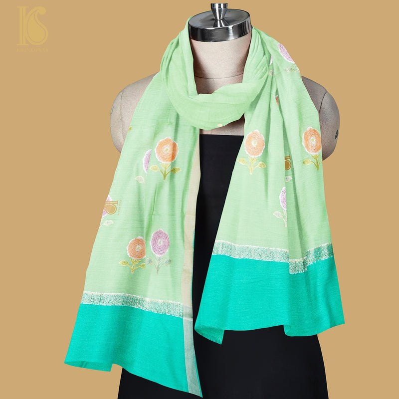Handloom Moonga Silk Banarasi Green Dupatta - Khinkhwab