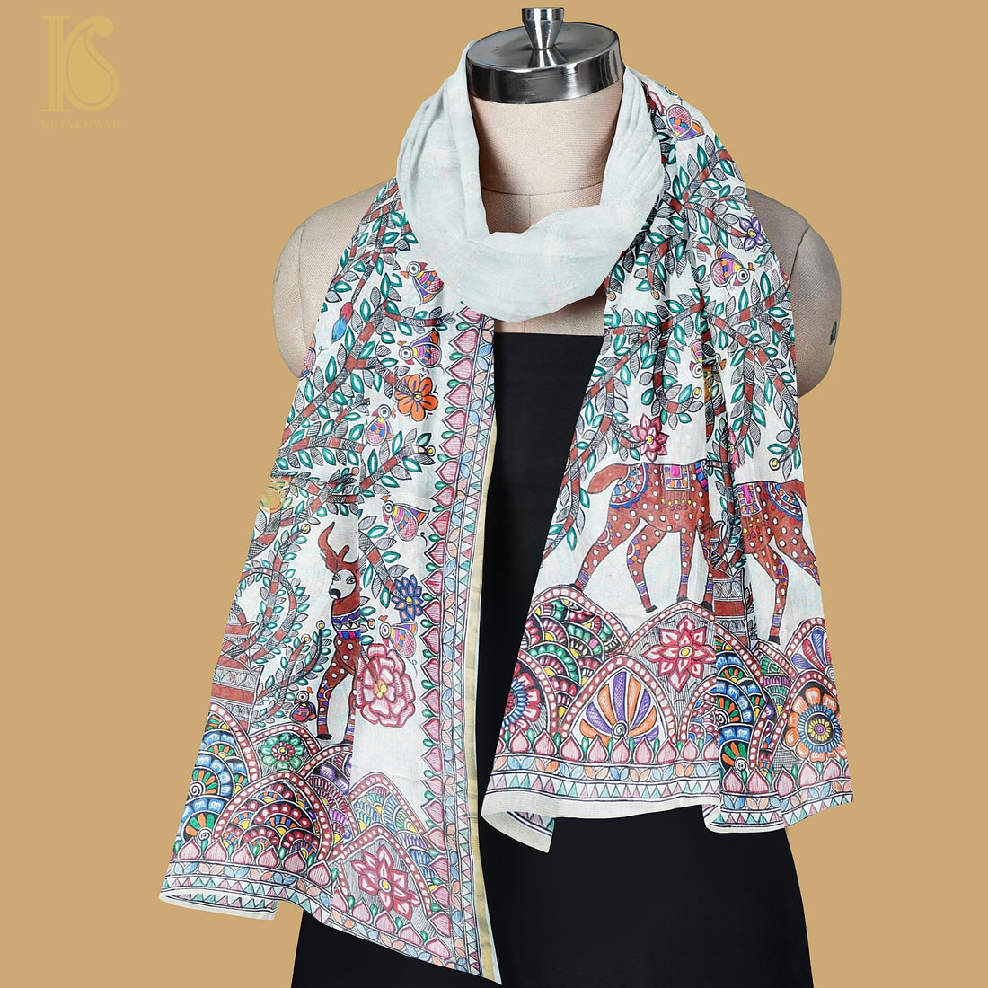 White Pure Tussar Silk Hand Painted Madhubani Deer Dupatta - Khinkhwab