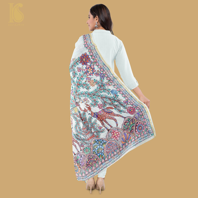 White Pure Tussar Silk Hand Painted Madhubani Deer Dupatta - Khinkhwab