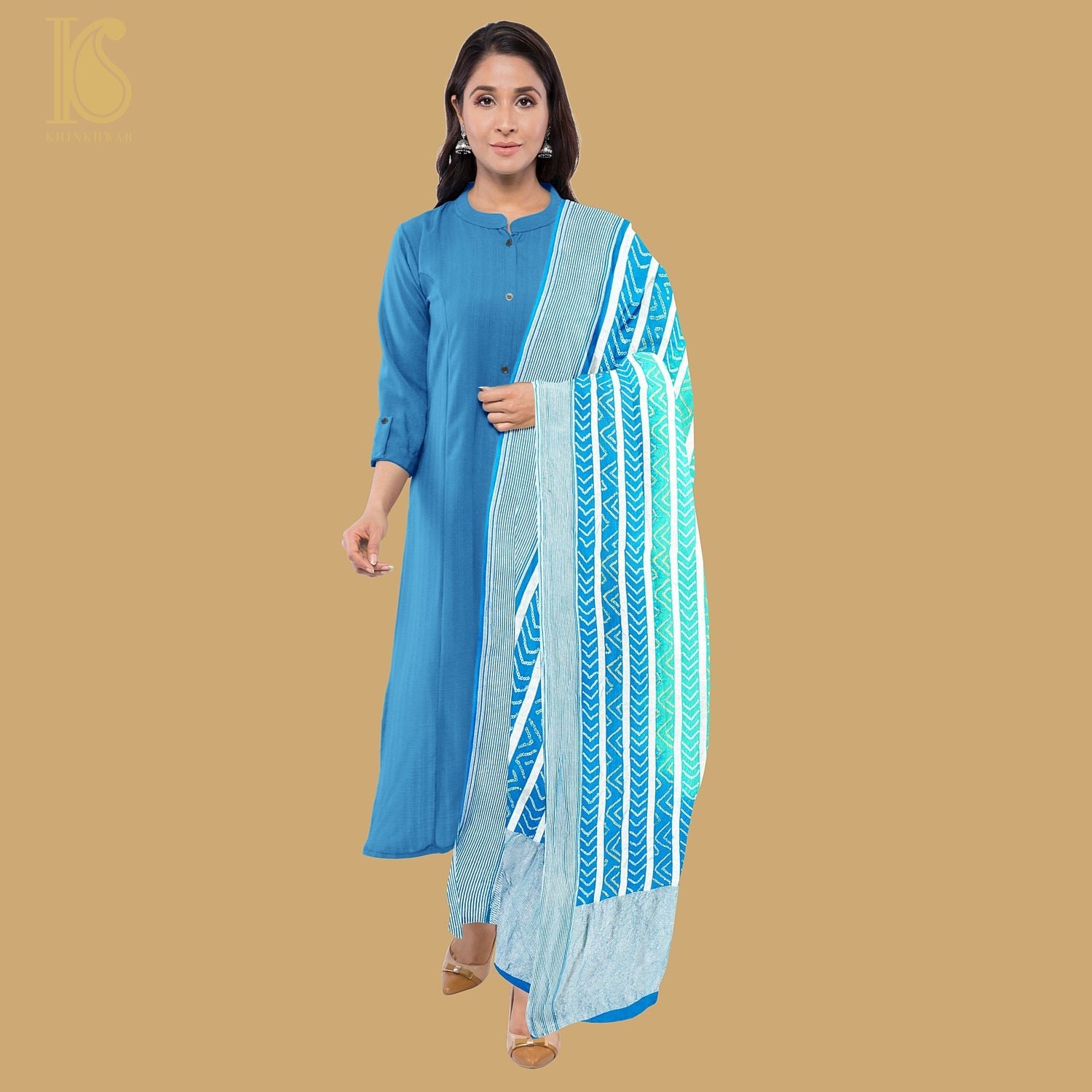 Blue &amp; Green Georgette Handloom Banarasi Bandhani Stripes Dupatta - Preorder - Khinkhwab