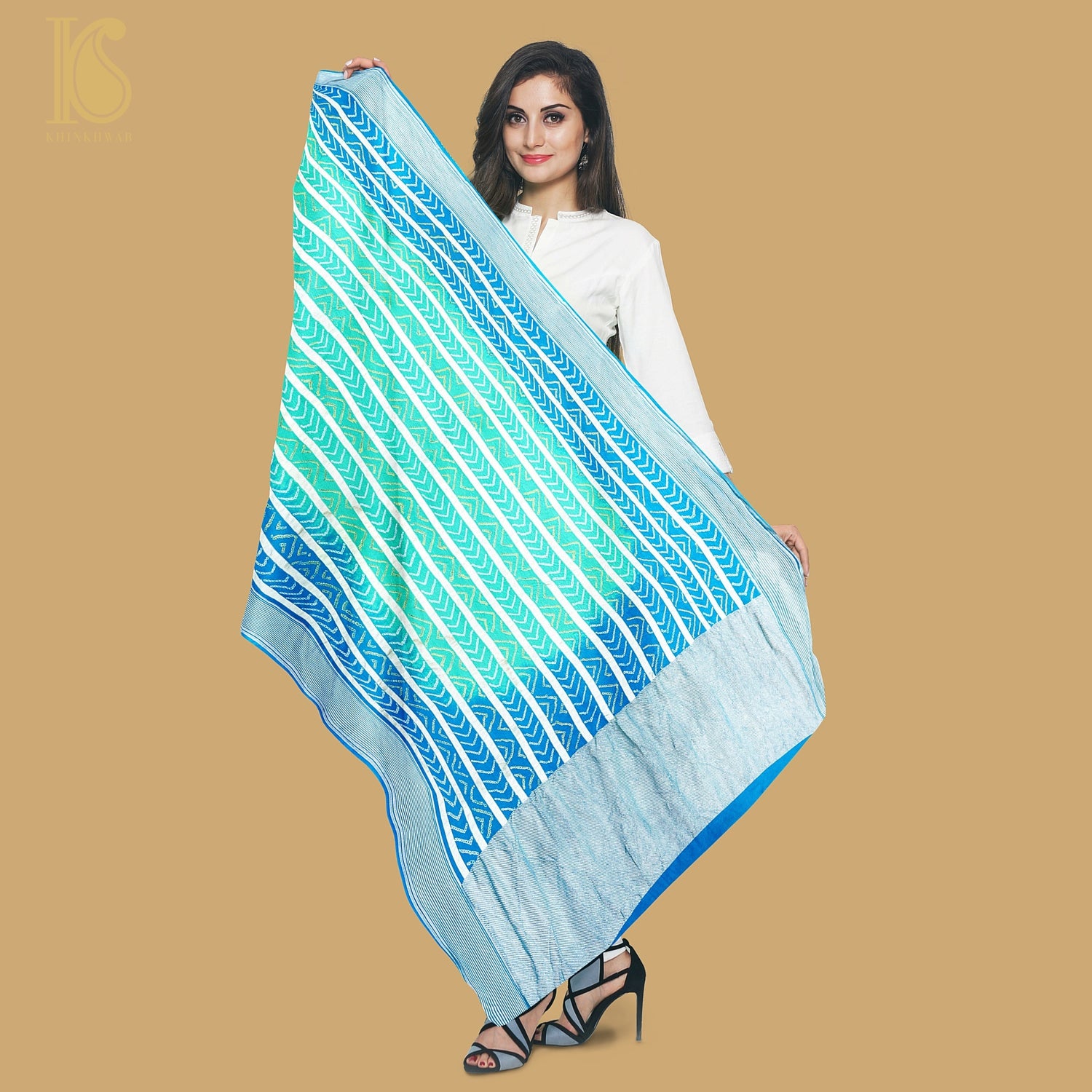 Blue &amp; Green Georgette Handloom Banarasi Bandhani Stripes Dupatta - Preorder - Khinkhwab