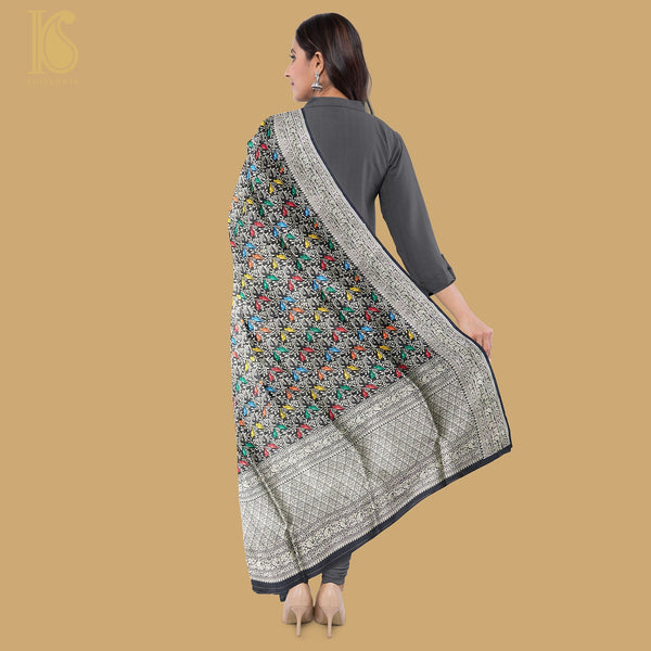 Preorder : Black Pure Katan Silk Handwoven Banarasi Jaal Chidiya Dupatta - Khinkhwab