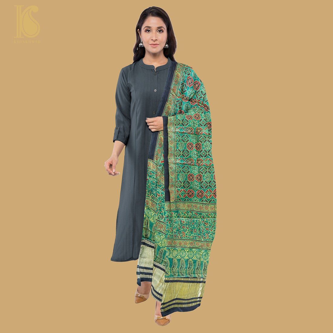 Rain Forest Green Hand Block Ajrakh Modal Silk Dupatta - Khinkhwab
