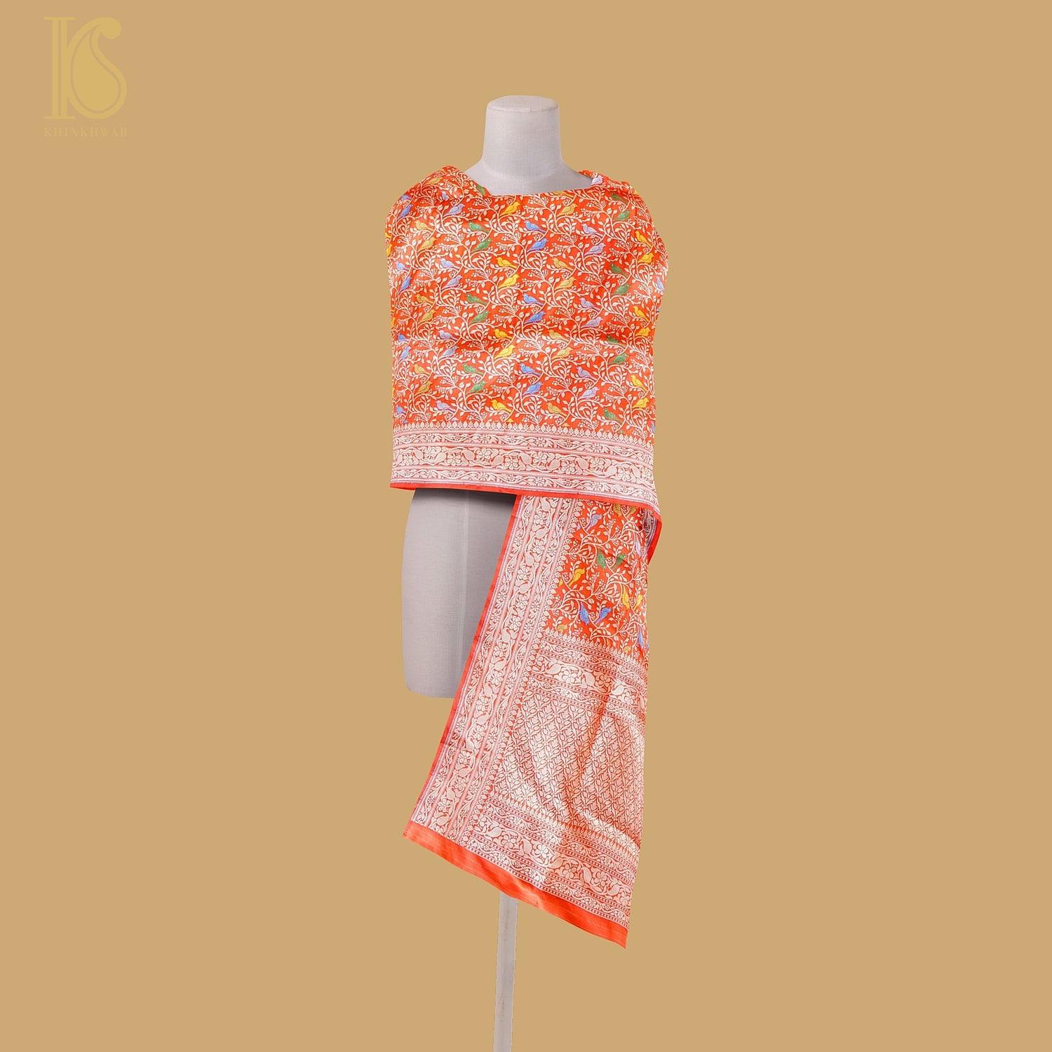Cinnabar Red Pure Katan Silk Handwoven Banarasi Jaal Chidiya Dupatta - Khinkhwab