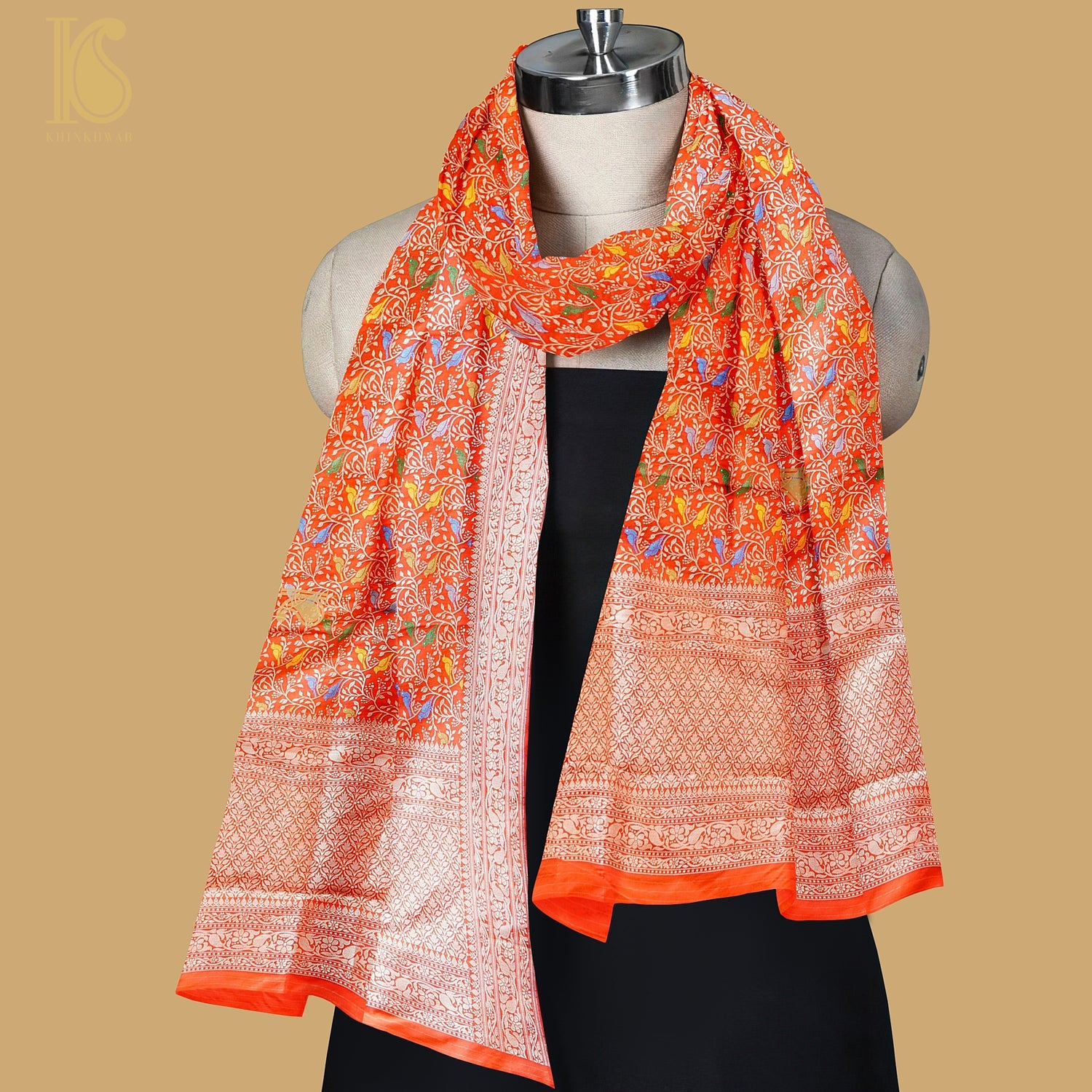 Cinnabar Red Pure Katan Silk Handwoven Banarasi Jaal Chidiya Dupatta - Khinkhwab
