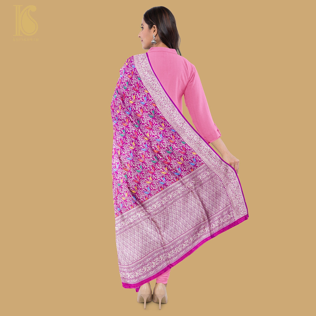 Violet Red Pure Katan Silk Handwoven Banarasi Jaal Chidiya Dupatta - Khinkhwab