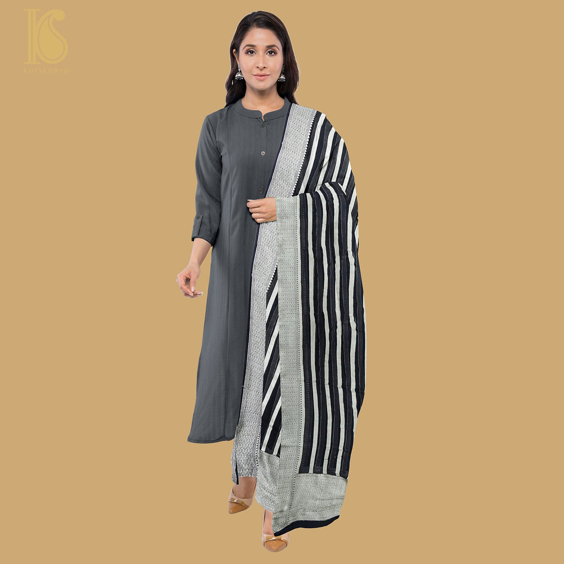 Black Pure Georgette Handloom Banarasi Stripes Dupatta - Khinkhwab