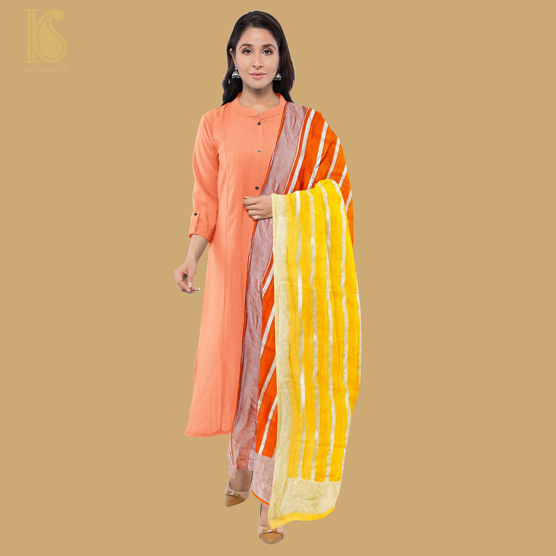 Yellow &amp; Orange Pure Georgette Handloom Banarasi Stripes Dupatta - Khinkhwab