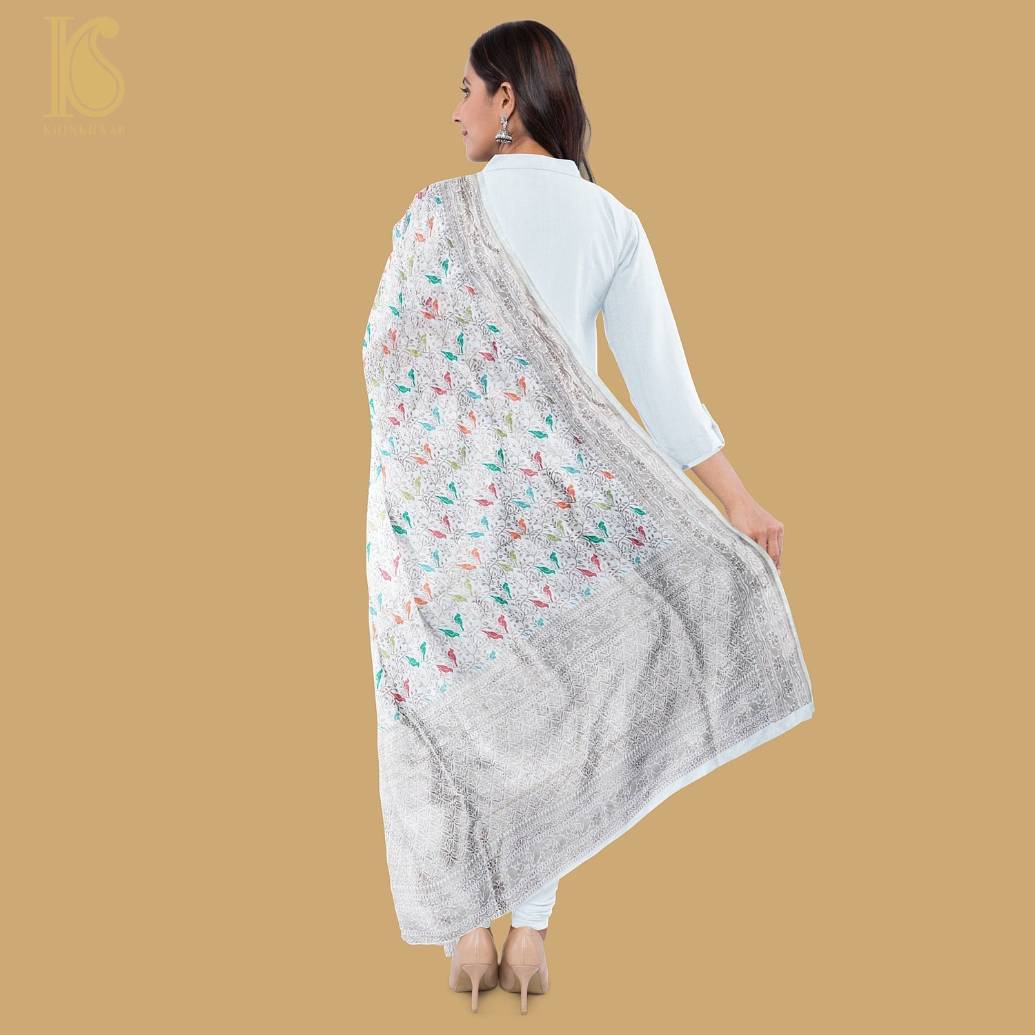 White Pure Katan Silk Handwoven Banarasi Jaal Chidiya Dupatta - Preorder - Khinkhwab